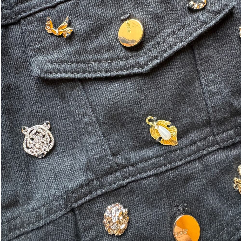 Oo La La Black Denim Embellished Collarless "Charm" Jacket Whimsy Bling size L - Picture 12 of 16